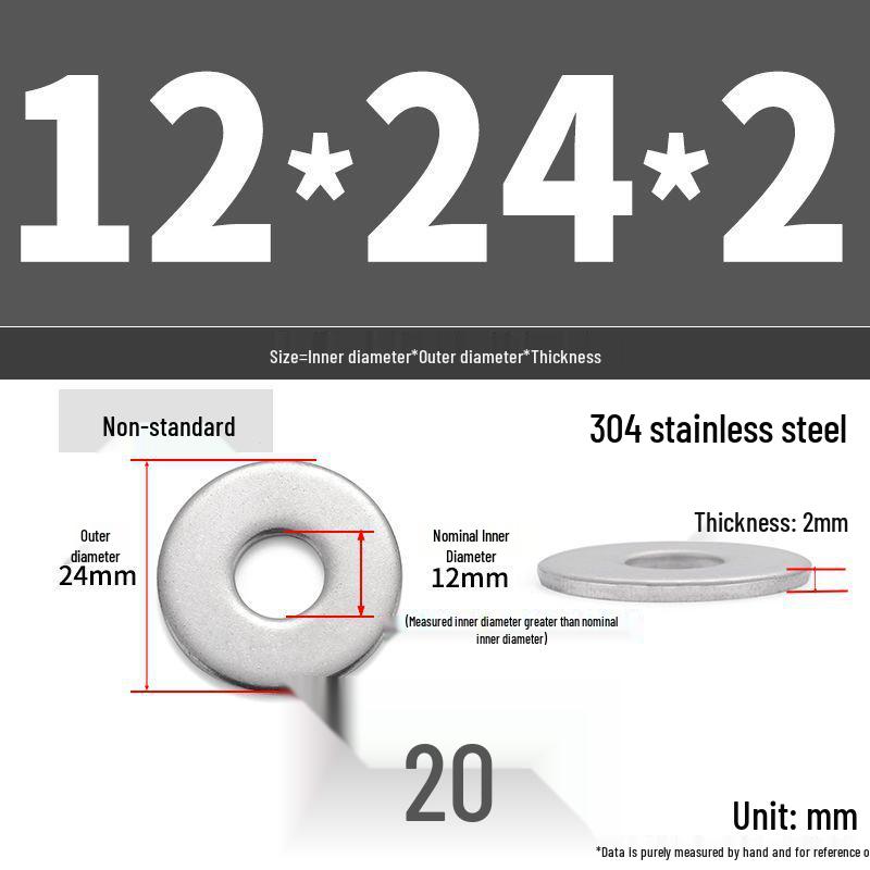 304 Stainless Steel Thickened Flat Washer Ring - Various Sizes (M1.6-M22)