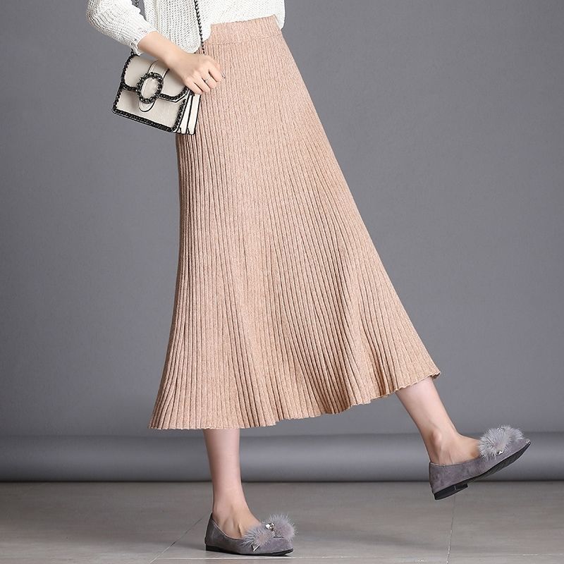 

Winter Women s Skirt A-line Skirt Elastic High Waist Skirt Women s Autumn Knitted Skirt Pleated Over Knee Skirt 5 Colors S