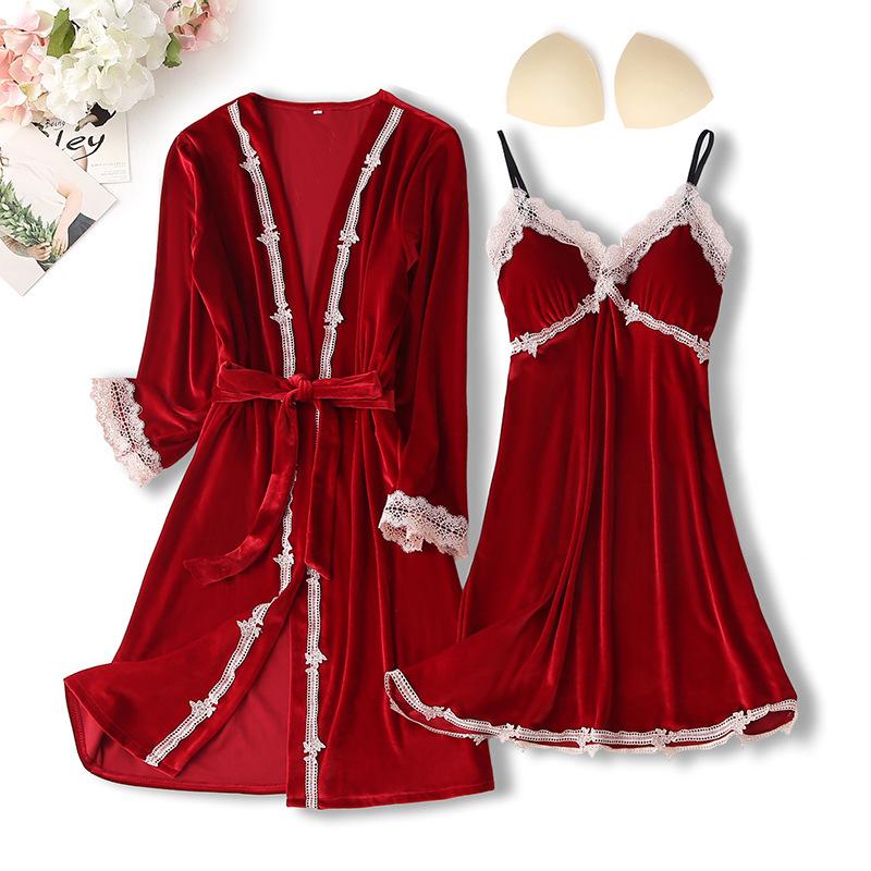 New Autumn Velvet Pajamas Two-piece Robe Set Feminine Lace See-through Robe Bathrobe Casual Velvet Home Clothes