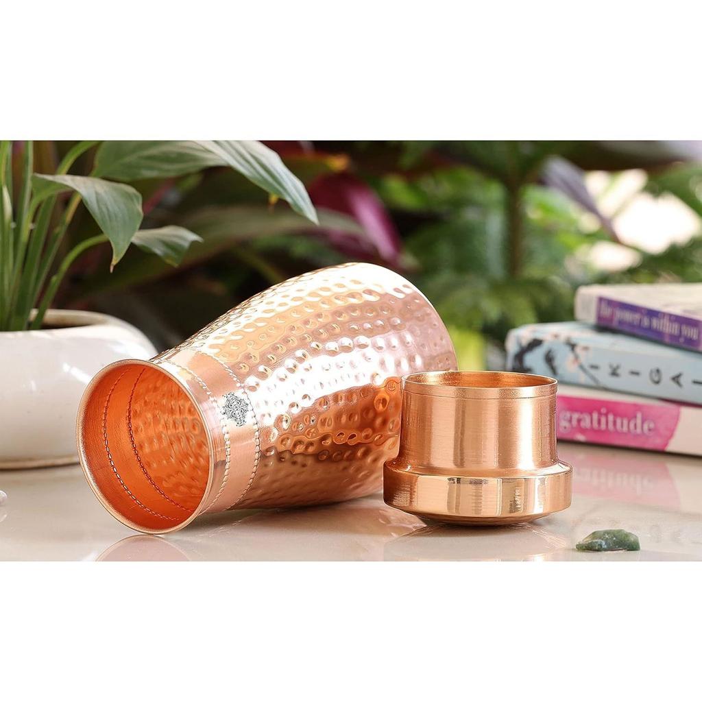 Copper Hammered Shine Design Bedroom Water Bottle with Inbuilt Glass, Volume - 600 ML, Pack of 2