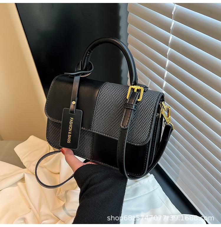 2025 new contrasting color retro portable small square bag female Sen Meng fashionable texture shoulder bag personalized commuter messenger bag