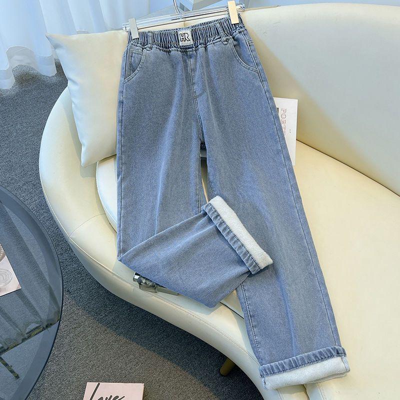 Women's Light Blue Plush Elastic Waist Wide-Leg Jeans, 2025 Spring/Autumn, Thickened, 9/10 Straight Leg.