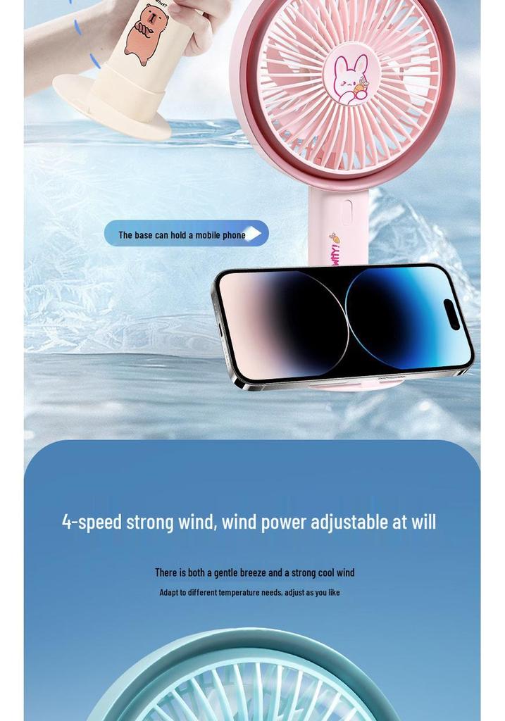 2026 Desktop & Handheld Cartoon Fan with Multi-Speed and Phone Holder – Large Brushless Strong Wind Model