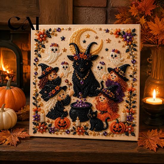Set Artistico con Perle Finte Kit Fai da Te di Halloween, Set Creativo Ricamo con Perline 3D, Decorazione per la Casa Unica Spaventosa Fantasma Capra Strega Arte da Parete, Stagionale per Adulti, Principianti