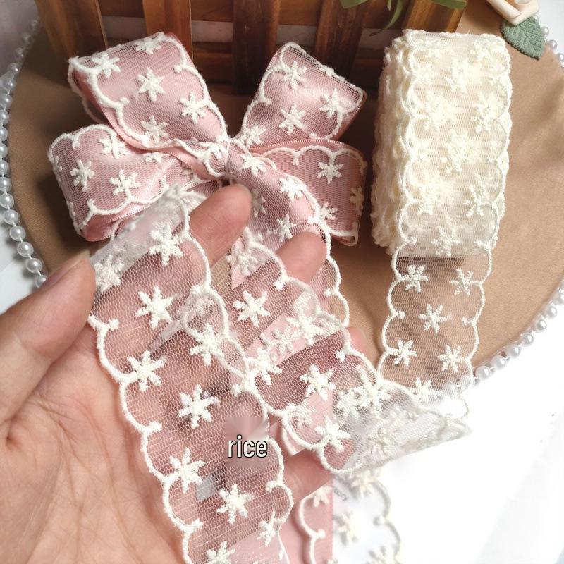 Beige 4cm Embroidered Lace Trim Bow for Hair Accessories, Lolita Ornaments, Bouquet Decoration, Ribbon Craft.
