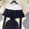Women Chic Elegant Solid O Neck Long Sleeve Ruffle Patchwork Bodycon Dress Sexy Fashion Knit Elastic Slim Hip Wrap Dress