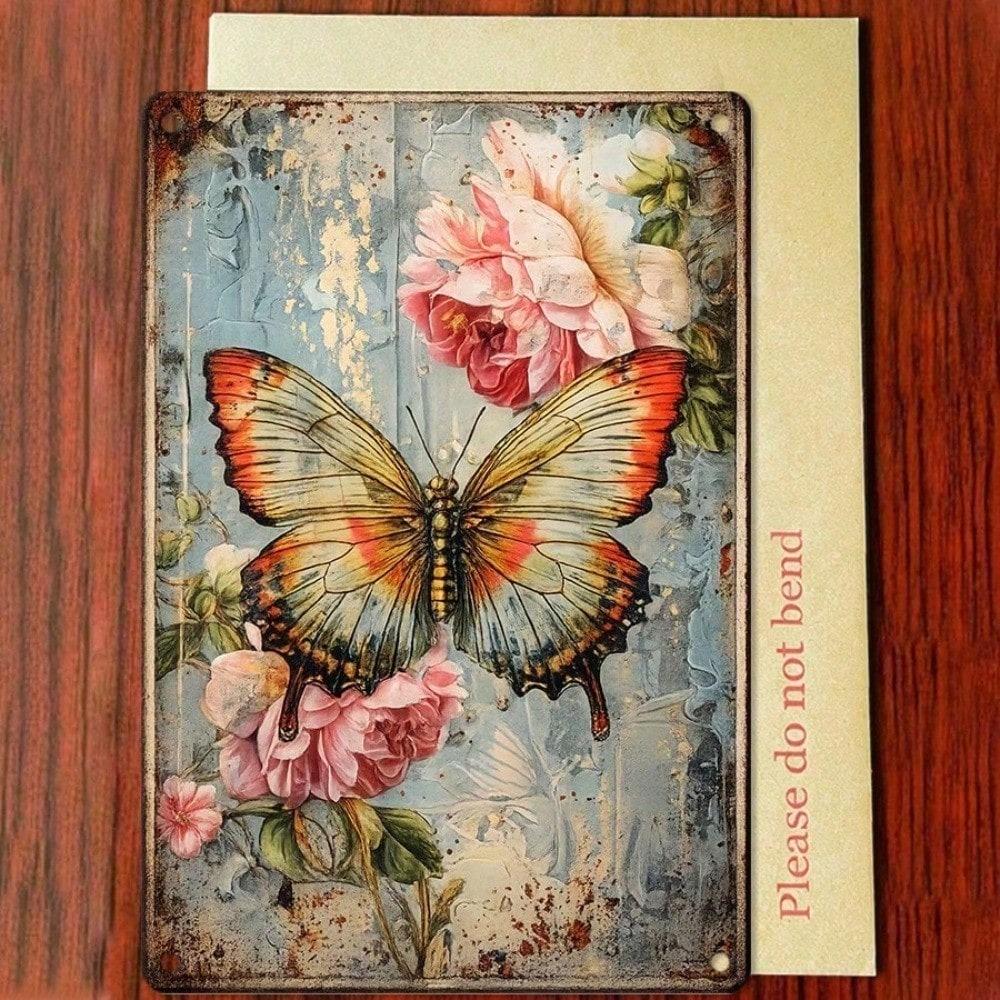 1pc Vintage Butterfly Floral Tin Sign, 2D Flat Retro Farmhouse Metal Wall Decor 12x8 Inch, Hanging Art Plaque for Living Room