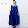 Women Evening Dress Golden Velvet V Neck Pleated A-line Pure Color Long Sleeves Full Length Dress High Waist Prom Party Maxi Dress