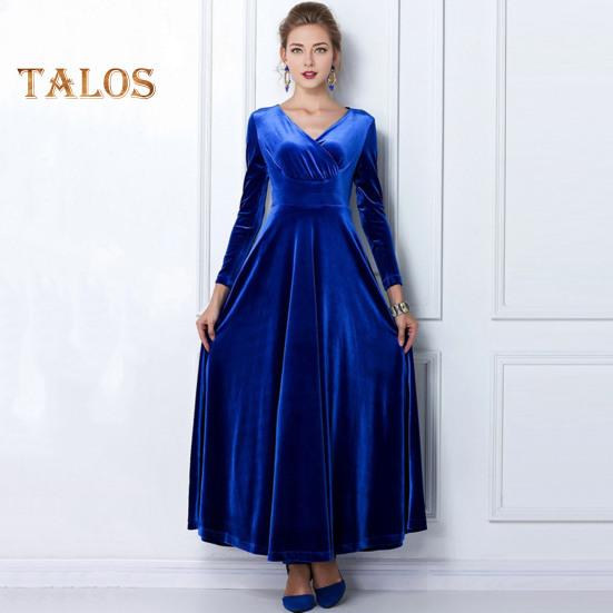 Abendkleid für Damen, goldener Samt, V-Ausschnitt, plissiert, A-Linie, reine Farbe, lange Ärmel, langes Kleid, hohe Taille, Abschlussball, Party, Maxikleid
