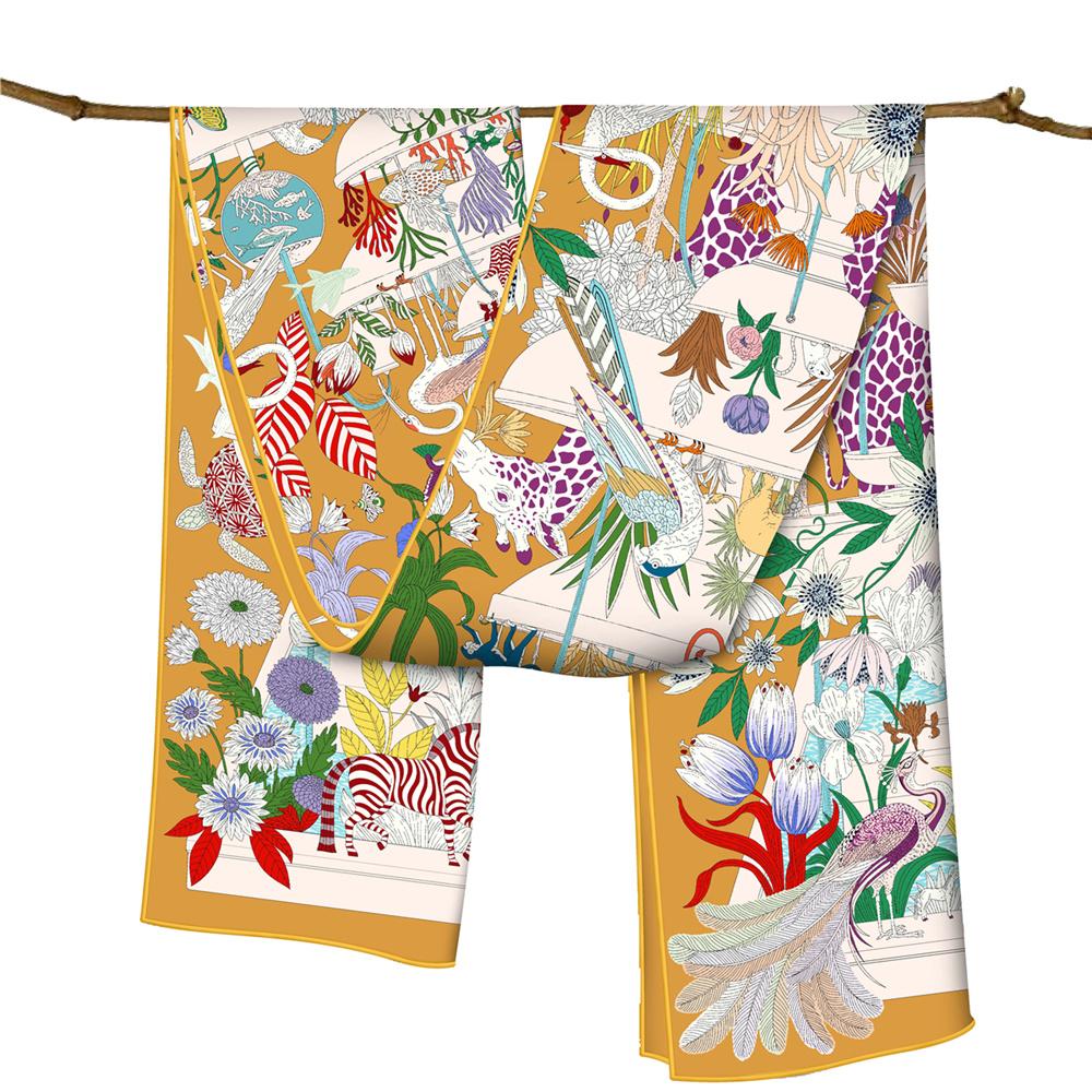 POBING Twill Silk Scarf Women Poncho Hand Rolled Zoo Animals Printed Long Scarves Wraps Bandana Big Shawl Hijabs Female Foulards