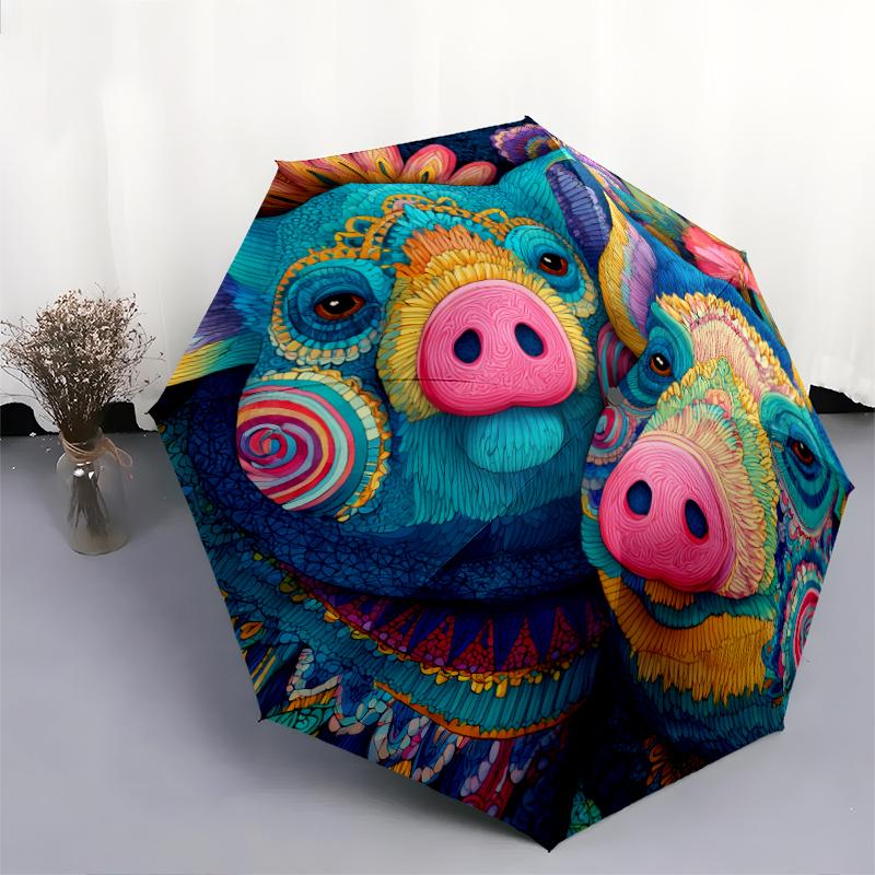 Motivo a maialino, ombrello pieghevole automatico, design portatile e pieghevole, 8 stecche, un regalo di Natale o di compleanno.