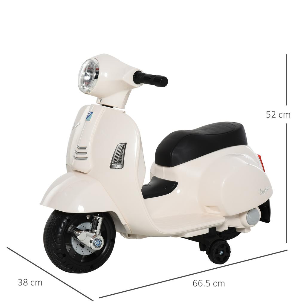 Licencovaná elektrická motorka Vespa 6V pro děti, na jízdu, napájená baterií, pro 18-36 měsíců, s klaksonem, světlometem, bílá