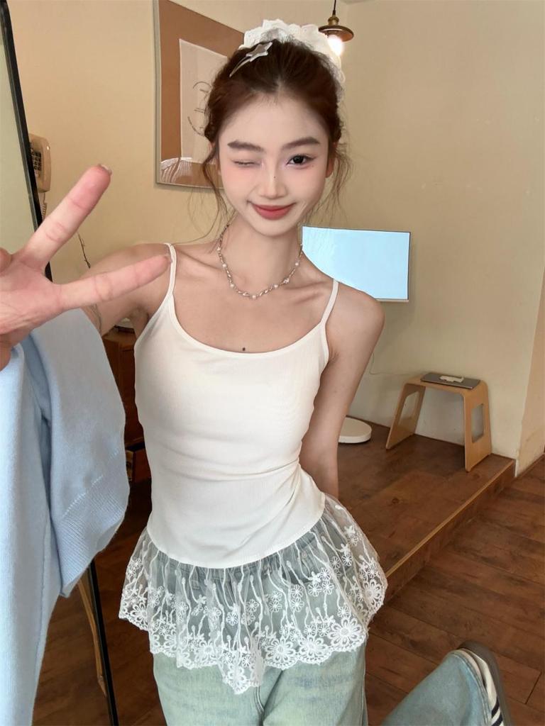 Summer Korean Color-Block Lace Trim Ballet Style Sweet Camisole Top