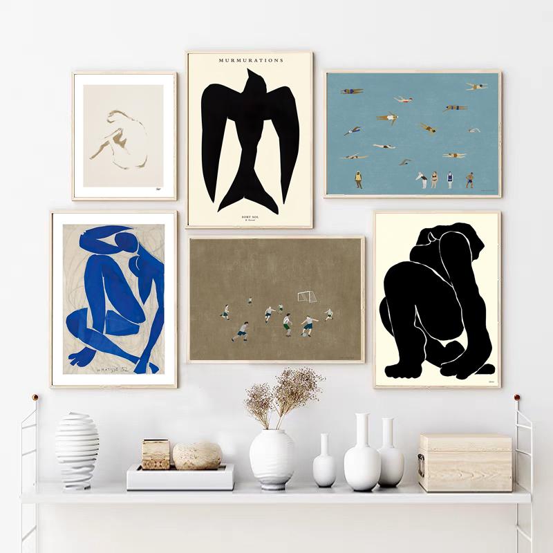 Vintage Abstract Figures Bird Paris Lines Poster Football Swimming Sport Canvas Painting Wall Art Posters Prints Room Home Decor No Frame