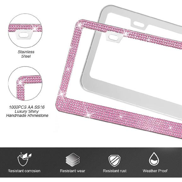 Bling Car License Plate Frame, 2PCS Crystal Sparkly Rhinestone Stainless Steel Vehicle License Plate Holder for Women Girl, Diamond Automotive