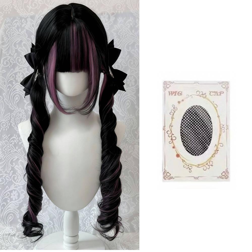 Black Wig with Pink Cosplay Wigs with Bangs  Lolita Long Curly Hair Wig Woman Party Cosplay Wig Natural Heat Resistant