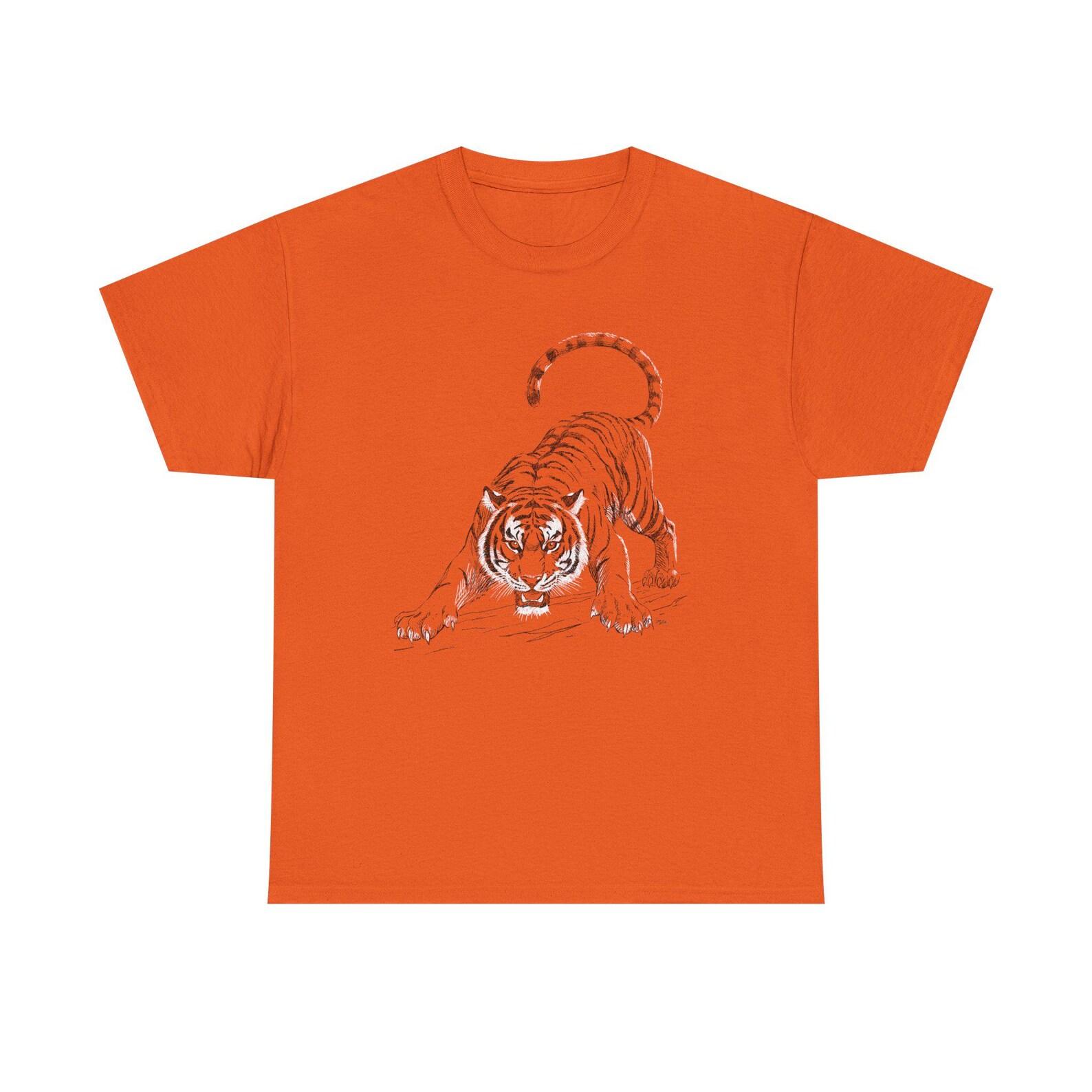Crouching Tiger Illustration Tee | Orange Bengal Cat Graphic Shirt S