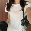Korean pink Xiaofei sleeve front shoulder knitted short-sleeved T-shirt women's summer spice girl slim-fit short t-shirt temperament top
