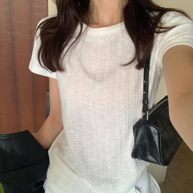 Korean pink Xiaofei sleeve front shoulder knitted short-sleeved T-shirt women's summer spice girl slim-fit short t-shirt temperament top