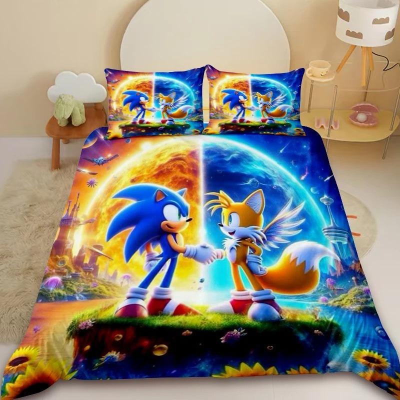 Cartoon Kids Sonic Duvet Cover Cool Anime Bedding Set Comforter Cover with 1/2 Pillowcase Queen King Bedroom Children Teens