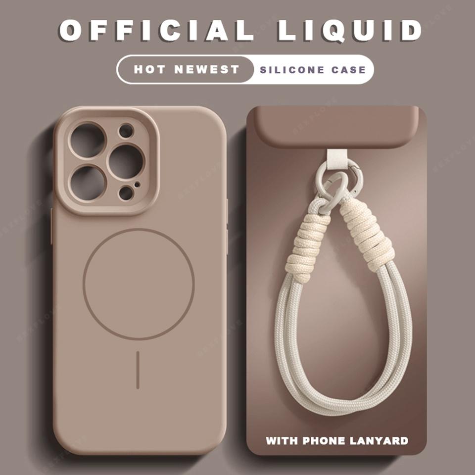 Liquid Silicone Lanyard Magnetic Phone Case For iPhone 16 14 15 Plus 11 12 13 16 Pro Max Magsafe Charge Strap Protector Cover