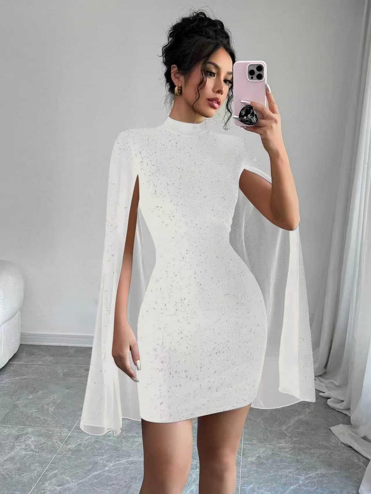 2025 Elegant Rhinestone Bodycon Dress: Batwing Long Sleeve, Slim Fit for Spring & Autumn Small белый
