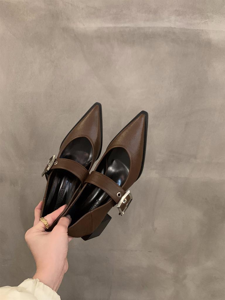Pointed High Heels Black Mary Jane Single Shoes Women's Shoes 2025 New Spring, Autumn and Winter French Retro Small Leather Shoes