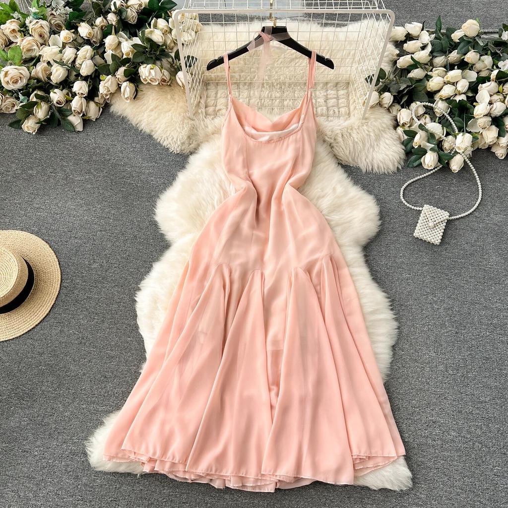 Socialite Sle Vacation Skirts Sexy Square Collar Slim fit Mid-Length Design Sense Frill Big Hemline Sling Dress Women