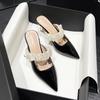 Fashion Elastic Lace Ribbon Band Slippers Woman Patent Leather Pointed Toe Shoes Ladies Gold High Heels Mules Party Dress Sliders Female