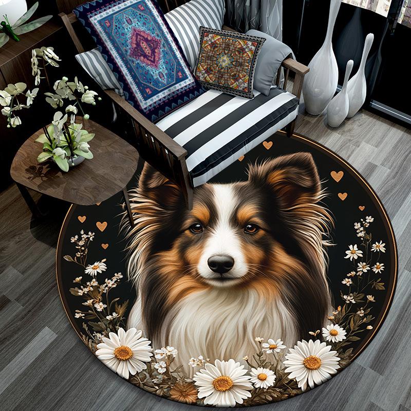 Collie Dog Round Area Rug,Carpet Rug for Living Room Bedroom Sofa Playroom Decor,Non-slip Floor Mat