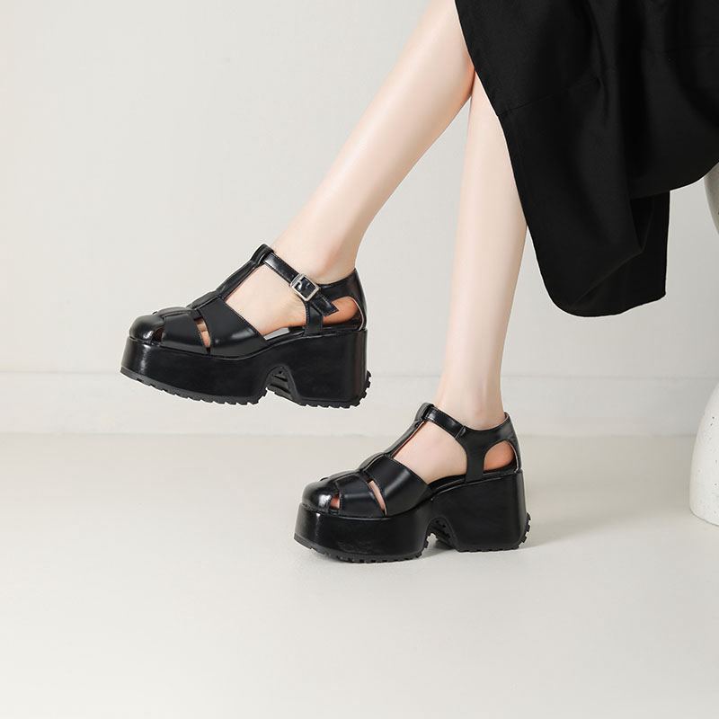 Krazing Pot Polyurethane Spring Summer Size 43 Size 42 Prints Women Platform Women Round Toe Buckle Straps Waterproof Sandals