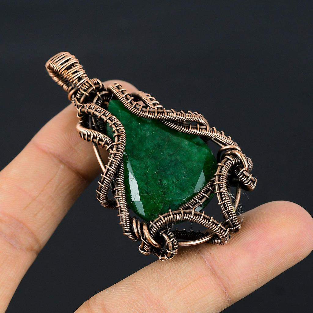 Emerald Pendant, 999 Copper Wire Wrapped Pendant Gemstone Jewelry, Handmade Pendant Amazing Jewelry, Gift For Her