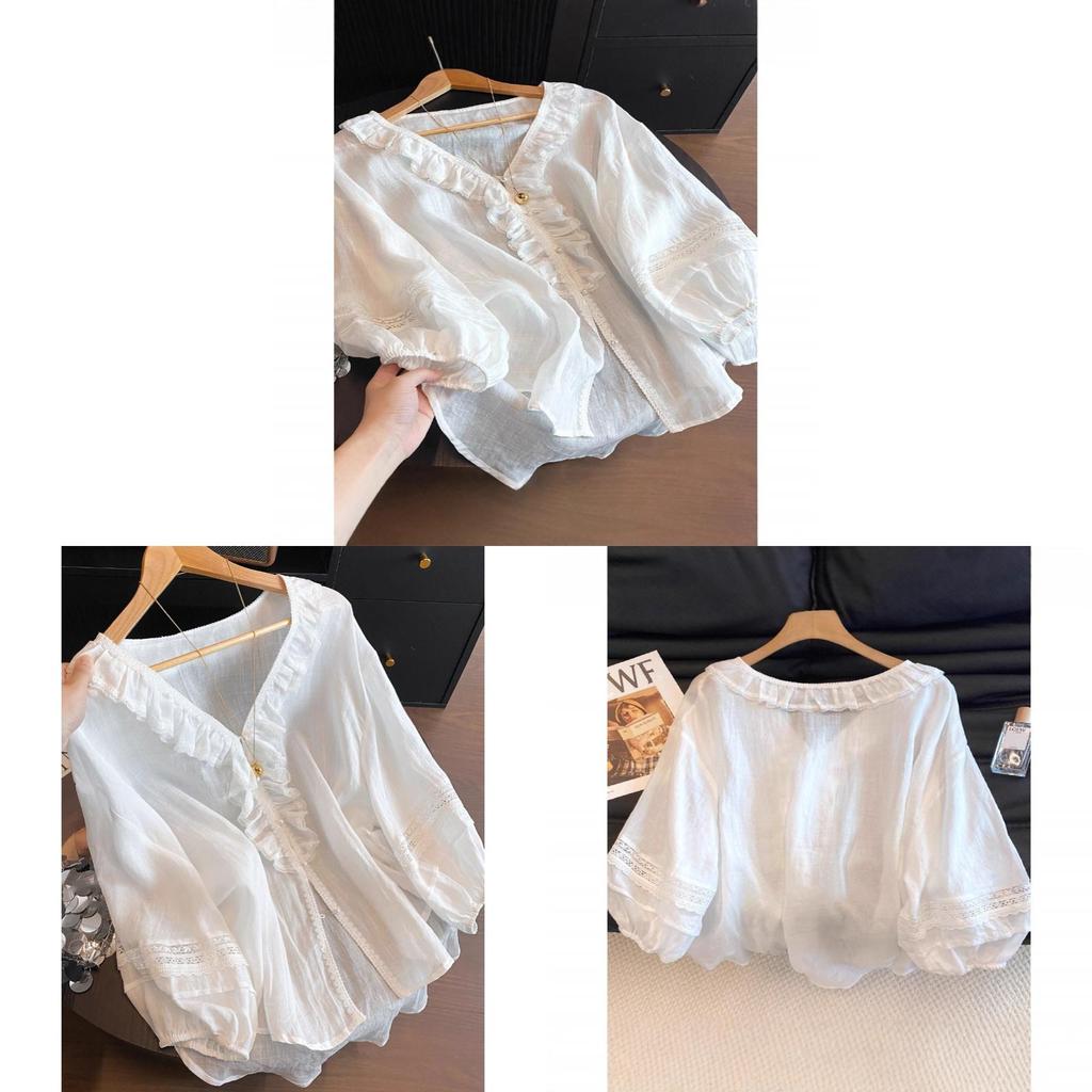 Summer Blouse With Ruffled Lace Trim Vneck Long Sleeve For Women
