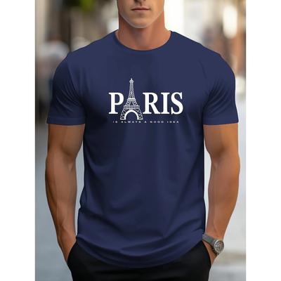Men's 100% Pure Cotton Summer Loose Size PARIS Letter Pattern Print Casual Comfortable Round Neck Short Sleeved T-shirt Top