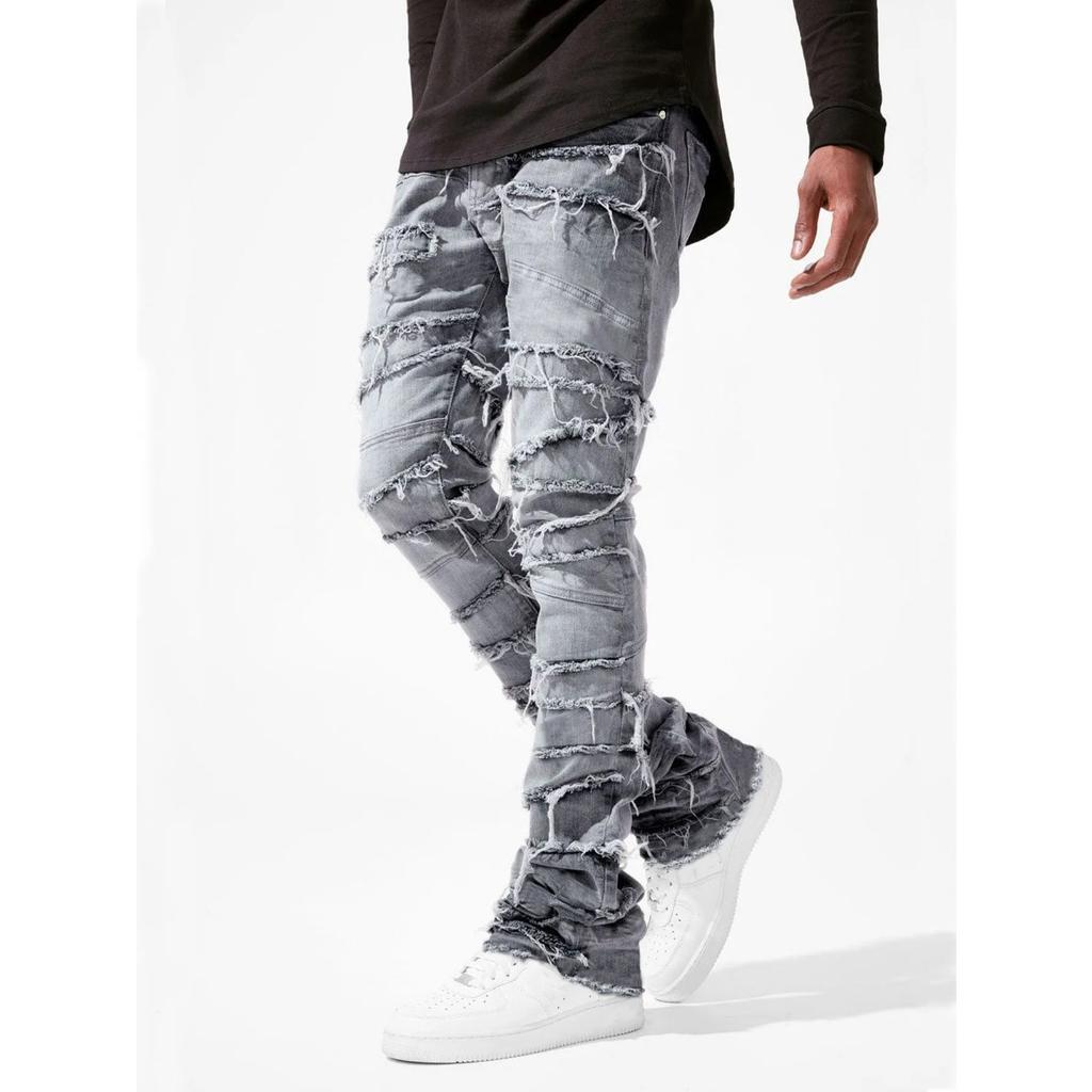 RogueWave Straight Pant Men Jeans Denim Pants Slim Fit Irregular Folds Tassel Splice Simple Button Pocket High Street Trousers