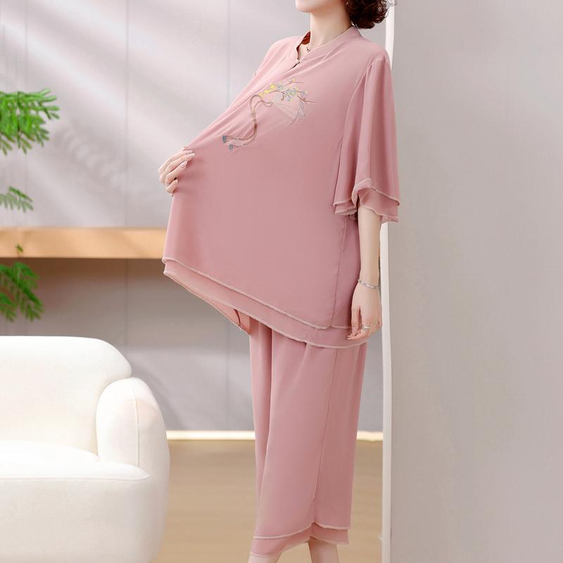 4XL-8XL Plus Size Chiffon Two Piece Sets Women Summer Elegant Summer Clothes for Woman Pants Sets Casual Oversize Blouses