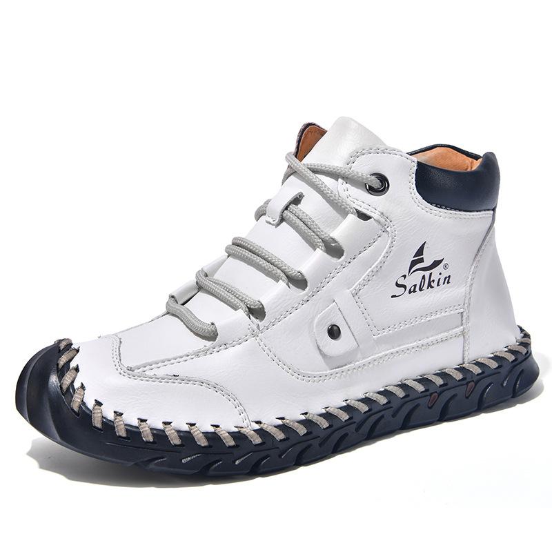 2025 large size men's color matching leather boots, men's fashion hand-stitched ankle boots flat-bottomed lace-up casual