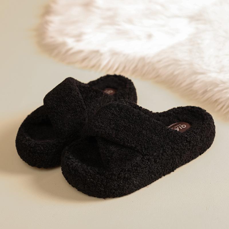 2025 autumn and winter new Korean version of cute fluffy slippers women wear thick bottom home fluff one-word cotton slippers