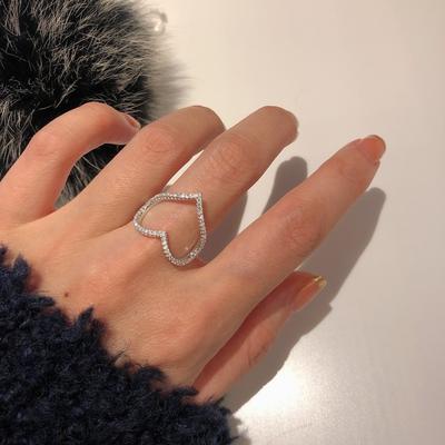 Open Ring Sweet Gift for Women Adjustable Heart Ring Full of Diamonds Trendy Jewelry