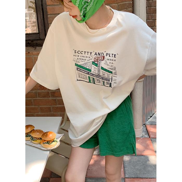 

[Гребенной плотный чистый хлопок] Футболка женская с коротким рукавом и свободным принтом на плечах S