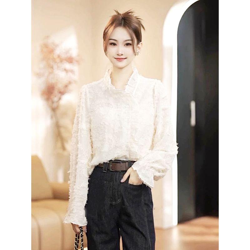 

Ladies Elegant Classic Style Fungus Long Sleeve Lace Shirt Women s Chic Top Shirt Trendy Spring 2025 Creamy-white Shirt S