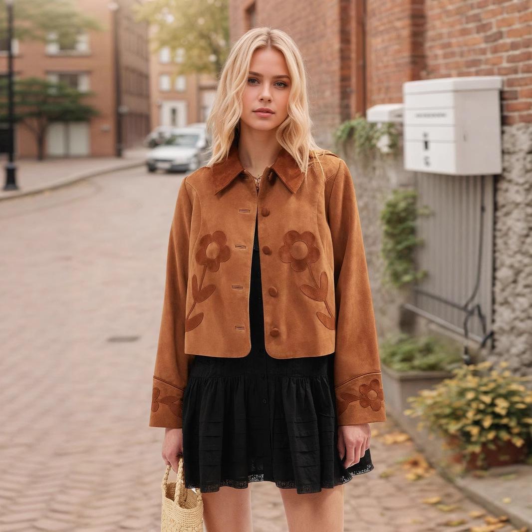 

Retro Elegant Suede Flower Embellished Lapel Short Jacket US/EU size L