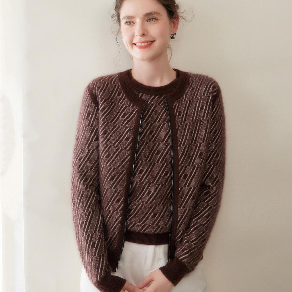 Women's Cashmere Zip-Up Cardigan - Color-Block Jacquard, Autumn/Winter Collection, Round Neck Knit Sweater