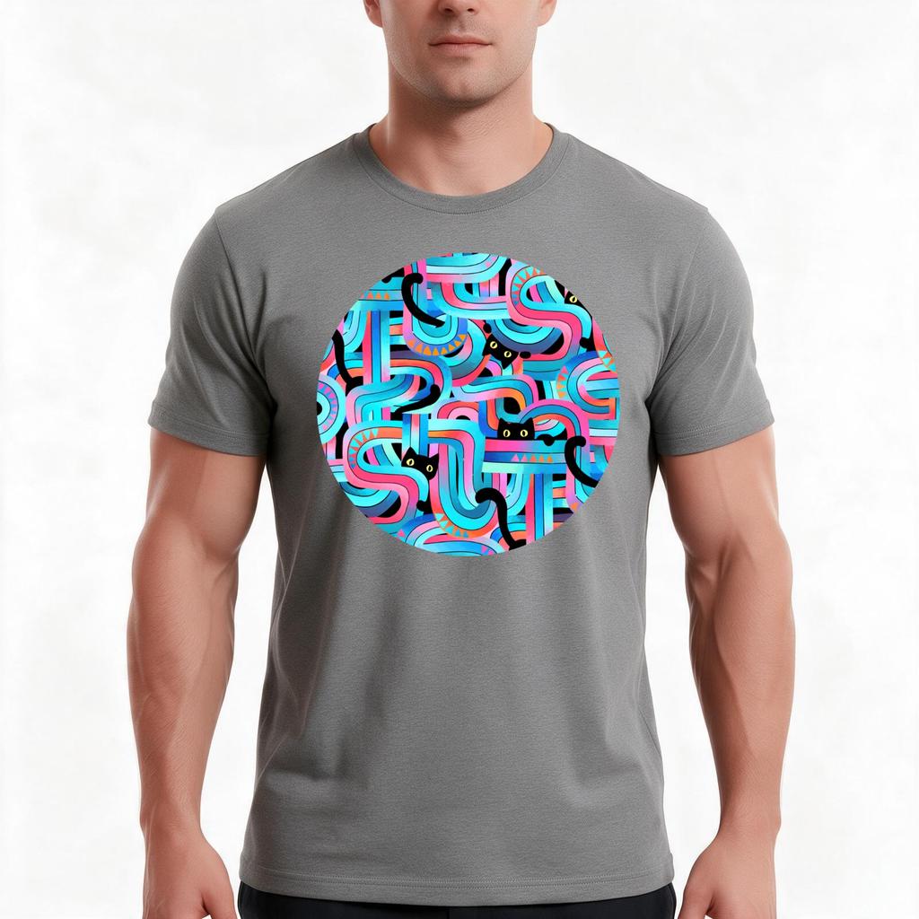 Geo Cats Maze In Pink And Blue Tshirt Summer Casual Cotton Tee Oversized Streetwear Tops Vintage Graphic Print 100 Cotton