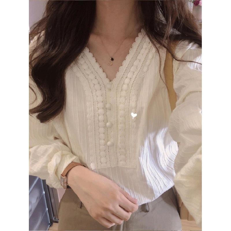 Damen Langarm Bluse Weiß Oberteile Büro Dame Elegant Frühling Sommer V-Ausschnitt Hemd