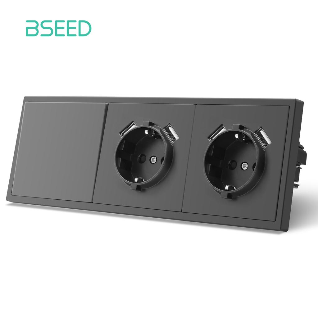 BSEED Mechanical 1/2/Gang Wall Light Switch 1Way With EU Sockets Power USB Power Outlets Plastic Panel No Led Lights Gray Series