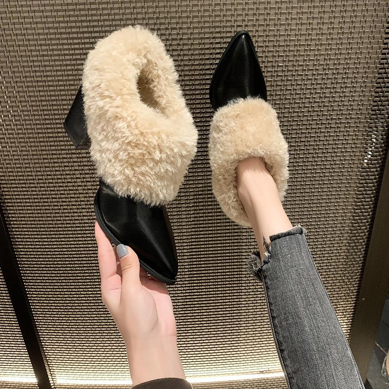 One-pedal fluffy high-heeled bare boots, winter plush warm fashion boots, new pointed-toed plush single shoes