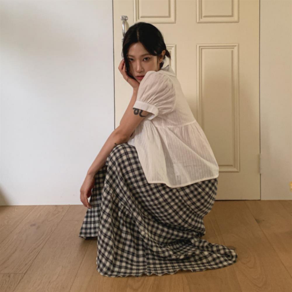 New Arrivals Open Run Women Casual Cotton Check Flare Long Skirt Pintuck