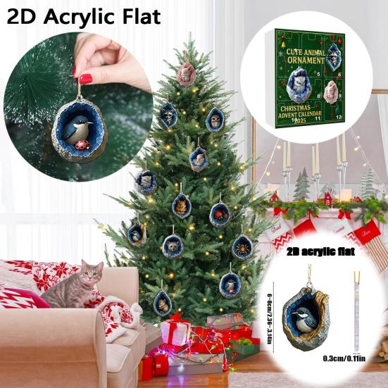 Christmas Geode Animal Advent Calendar 2025 2D Acrylic Forest Animals Xmas Tree Ornaments 12 Days Countdown Calendar for Holiday Decor