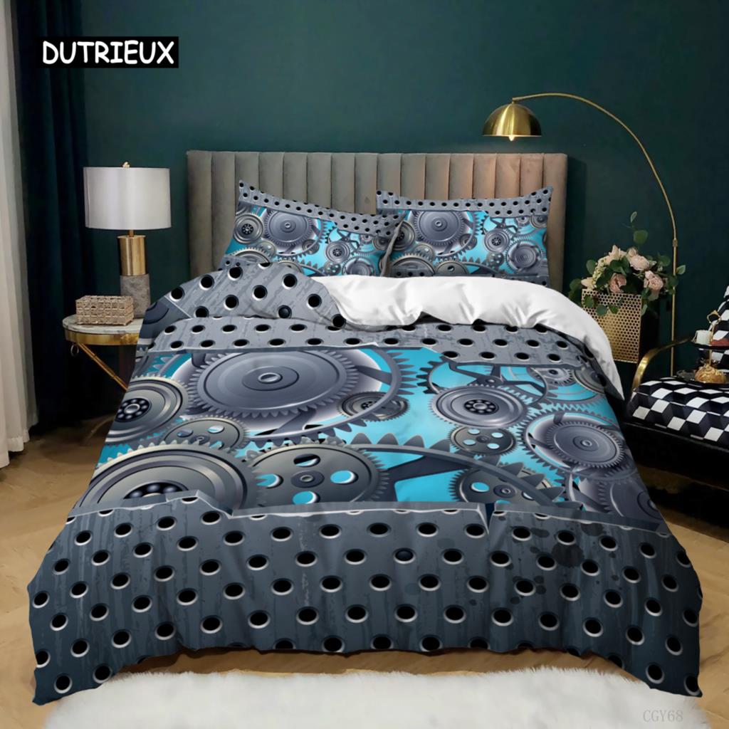 Gear Duvet Cover Set Colorful Gear Mechanical Device Bedding Set for Kids Boys Men Queen King Size Chic Microfiber Quilt Cover